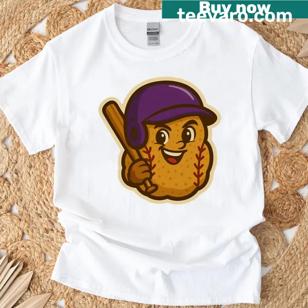 Cartoon chicken nugget baseball player T-shirt with humorous design