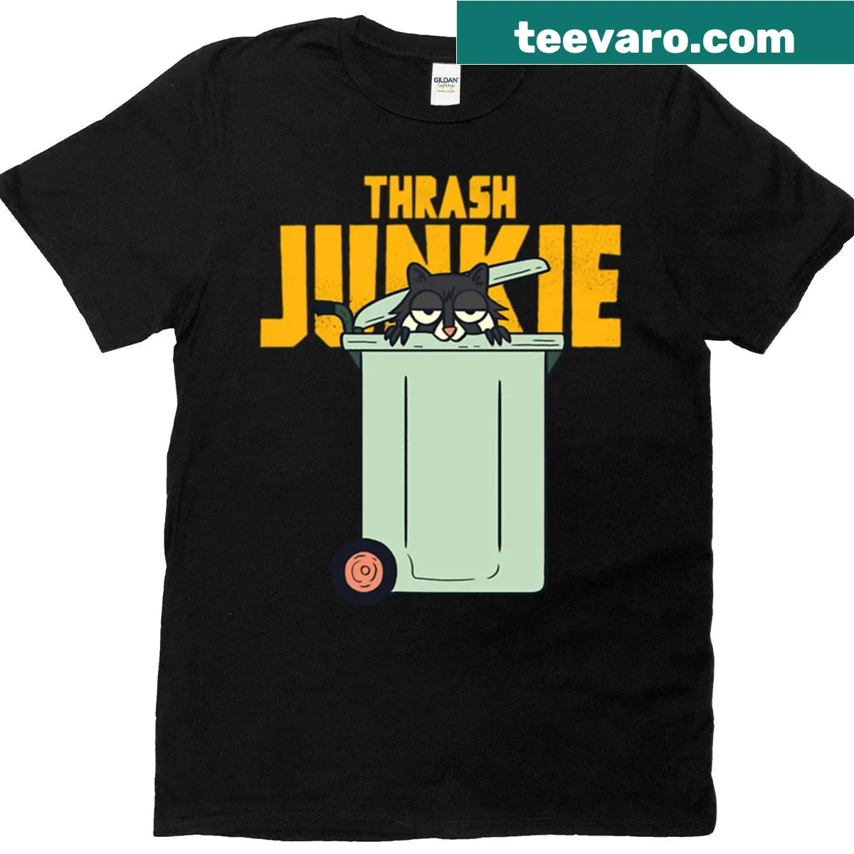 Funny t-shirt featuring a raccoon with a trash junkie theme — on a men's t-shirt