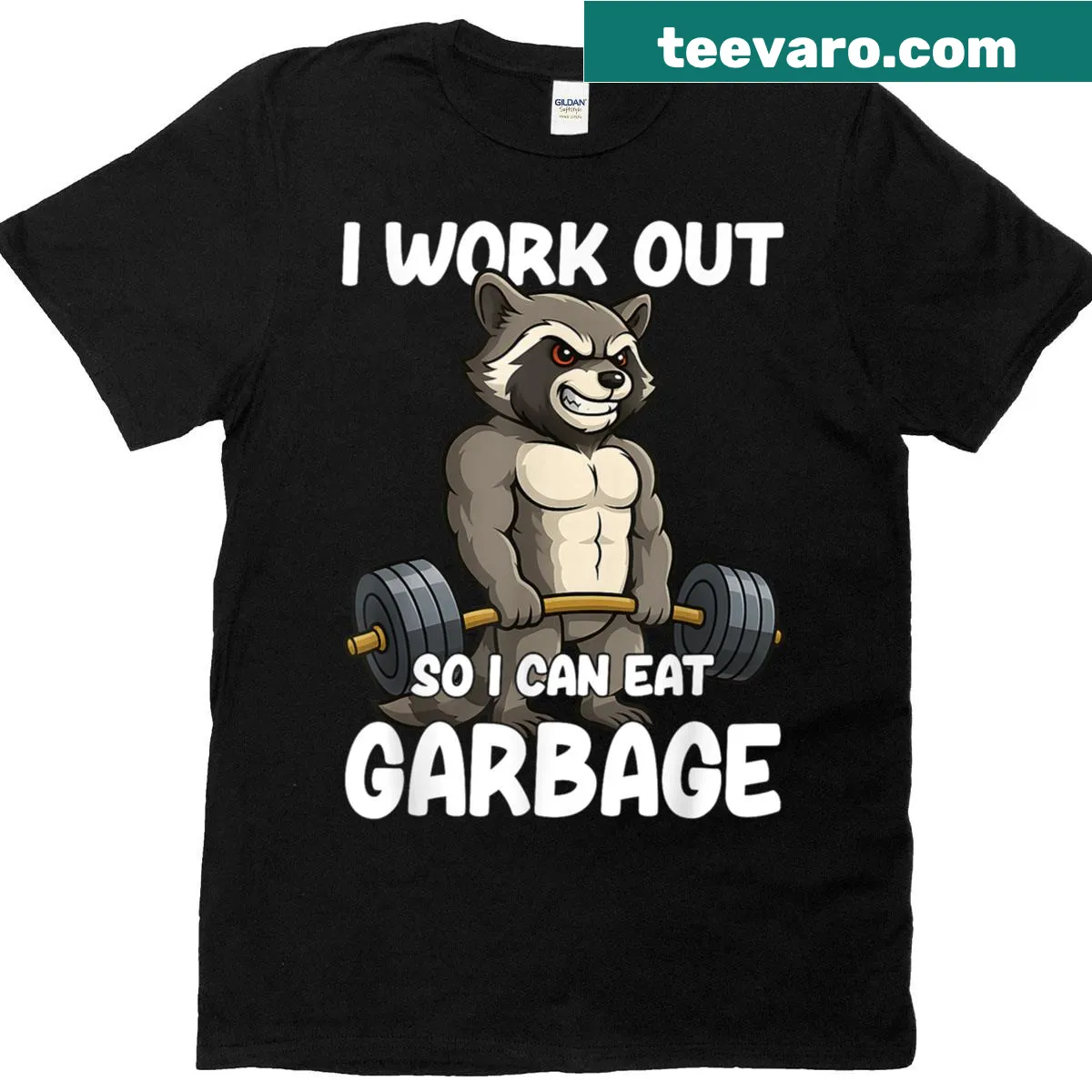 Funny gym t-shirt featuring a raccoon and a humorous fitness motto — on a men's t-shirt