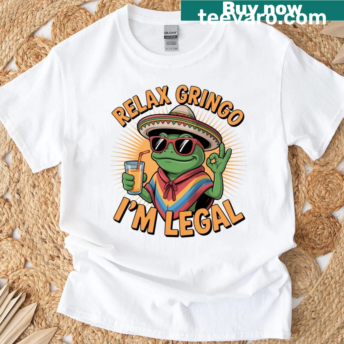 Funny T-shirt with a sombrero-wearing frog declaring its legal status — on a men's t-shirt