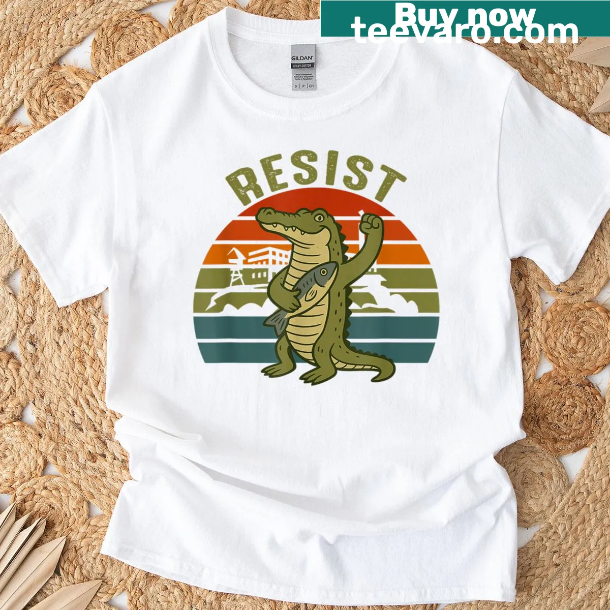 Retro alligator graphic with 'Resist' text on T-shirt — on a men's t-shirt