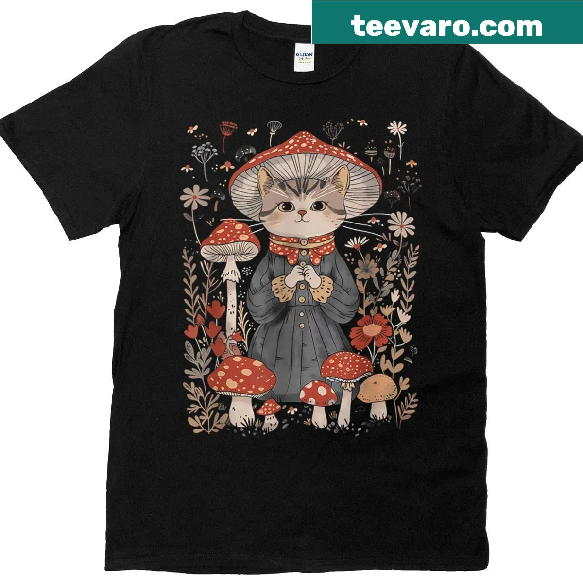Retro Halloween T-shirt with cat ghost and mushroom design — on a men's t-shirt