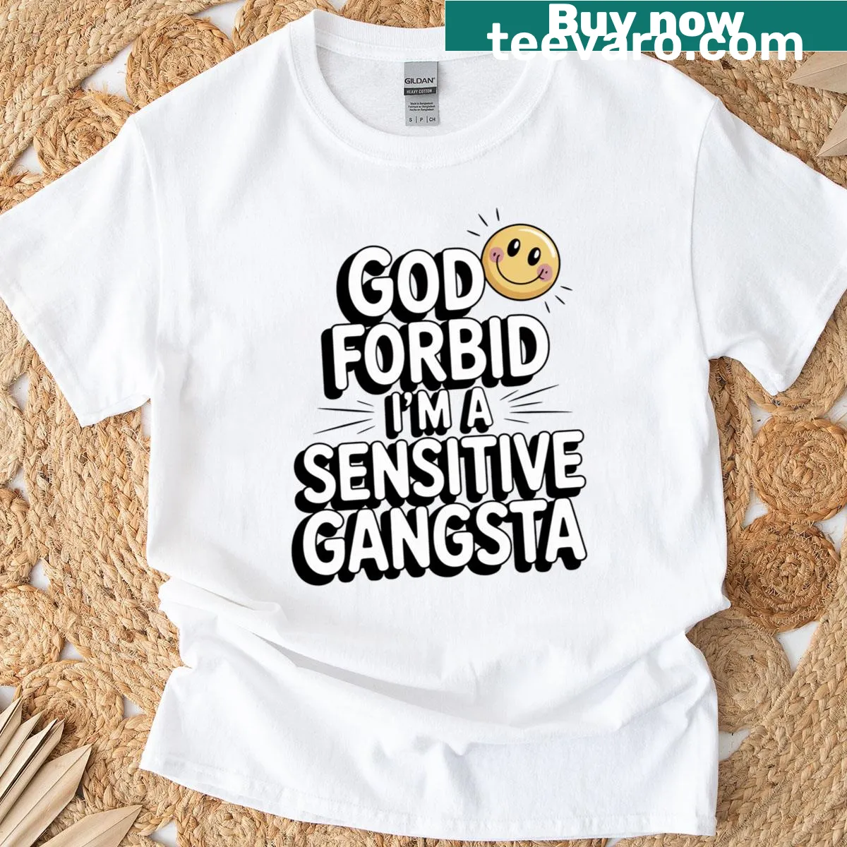 Cute retro t-shirt with Sensitive Gangsta humorous phrase — on a men's t-shirt