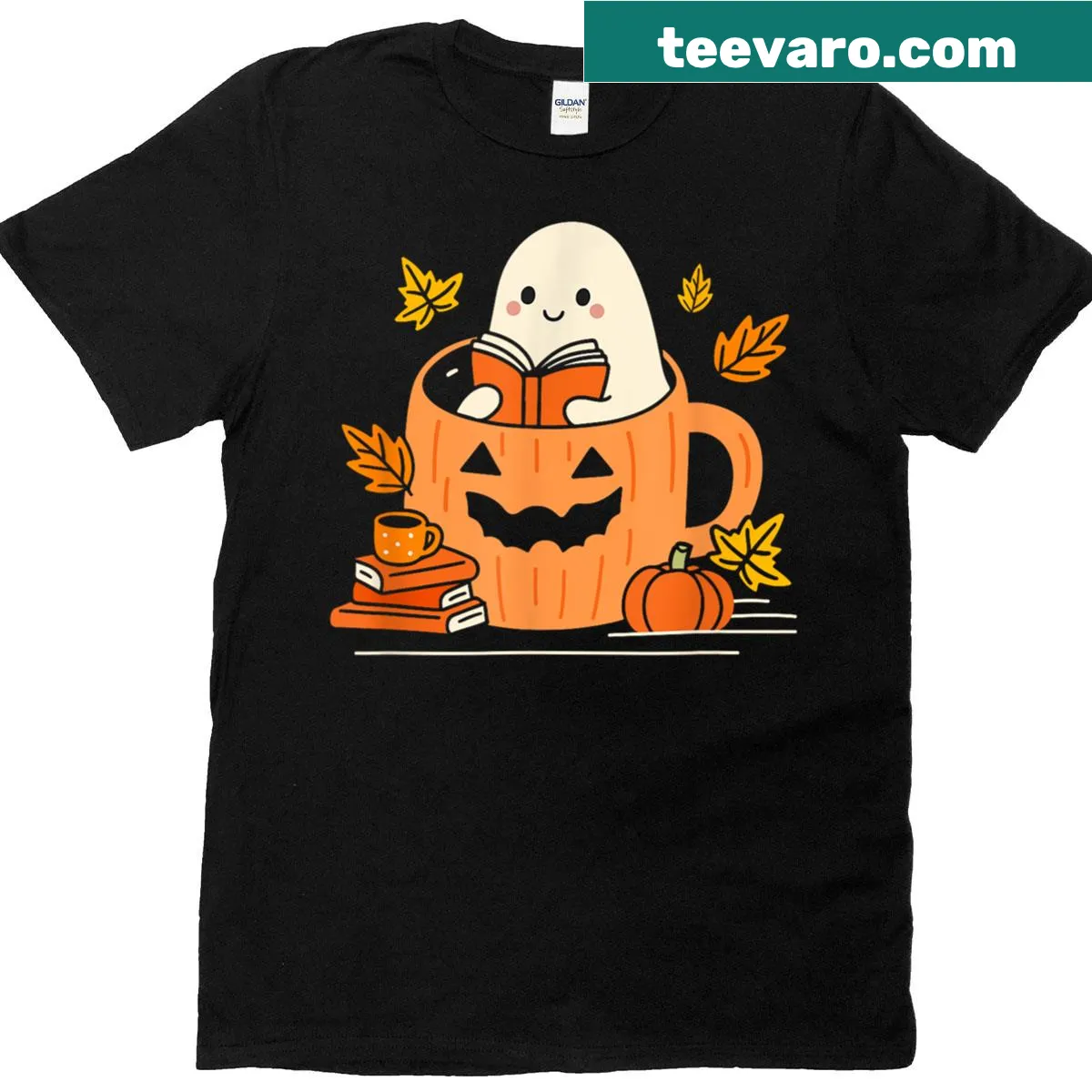 Cute Halloween T-shirt with a ghost librarian reading books — on a men's t-shirt
