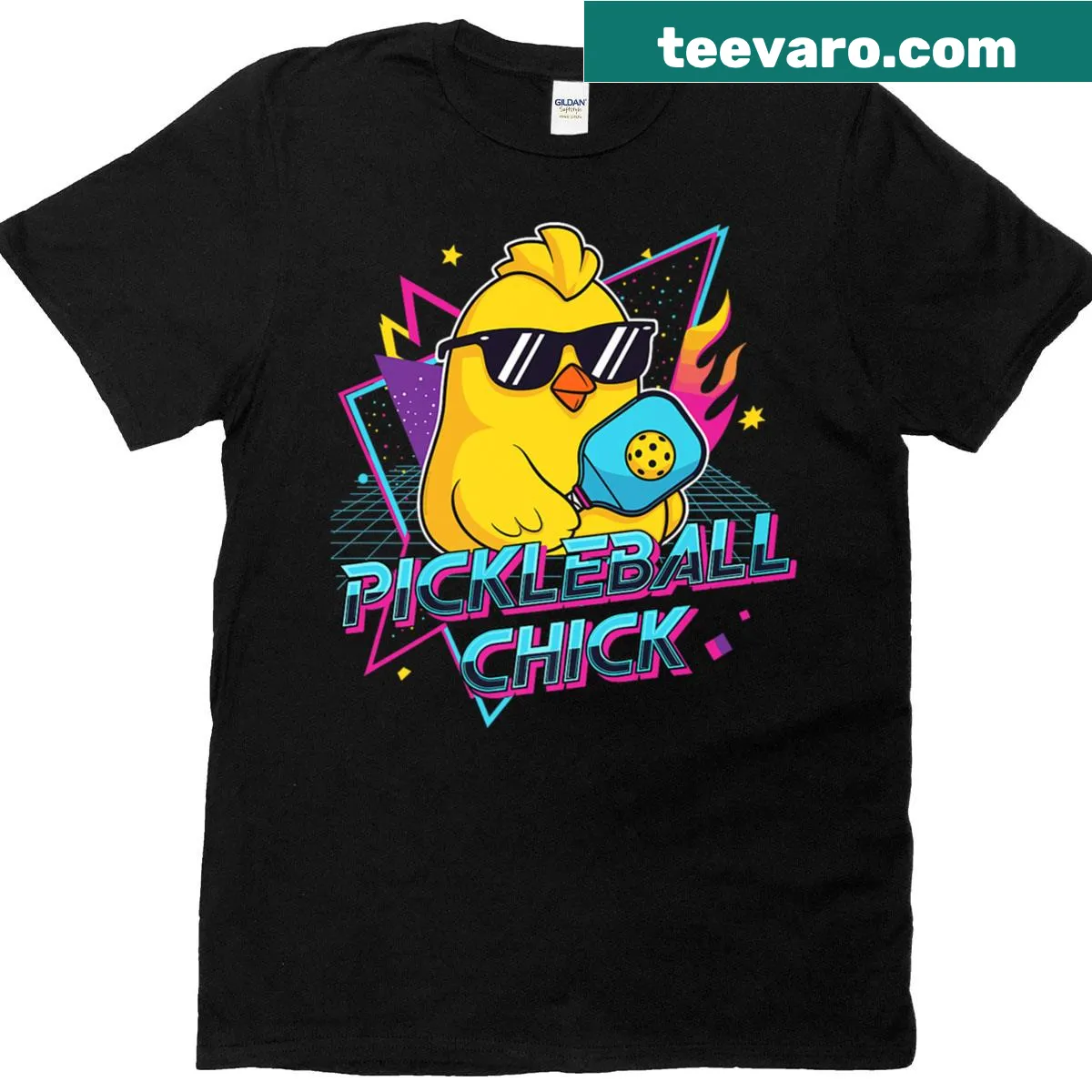 Retro Pickleball Chick T-shirt with playful chick graphic — on a men's t-shirt