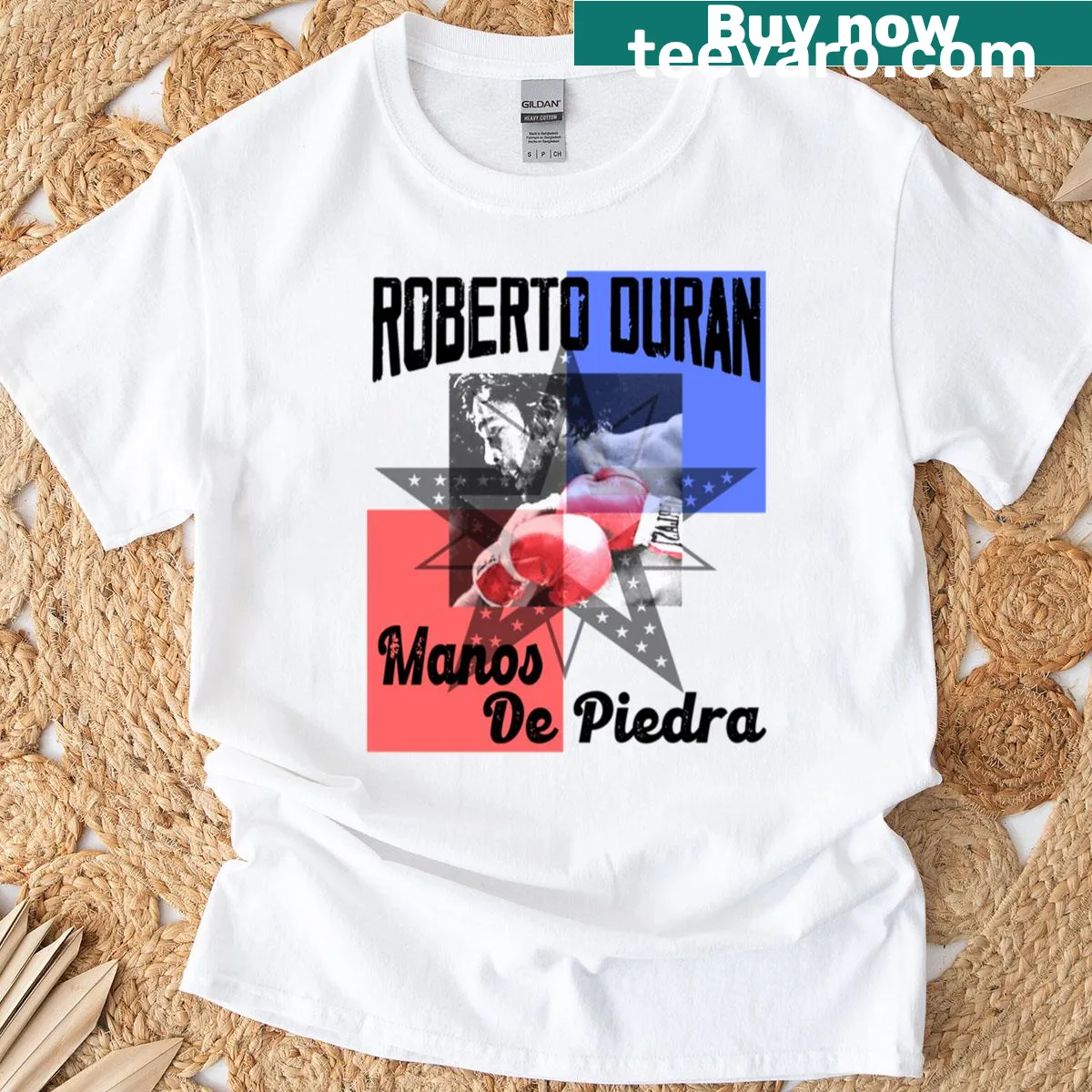 T-shirt featuring a graphic design honoring boxer Roberto Duran. — on a men's t-shirt
