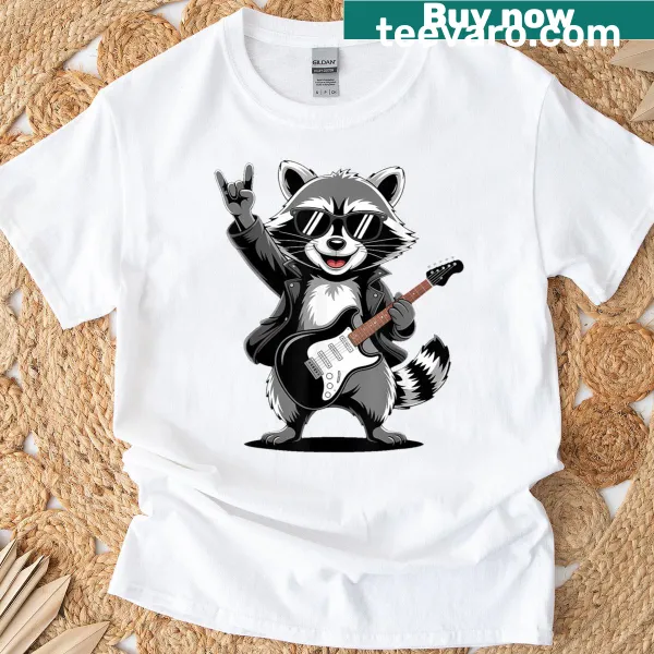 Cartoon raccoon playing electric guitar on a fun T-shirt