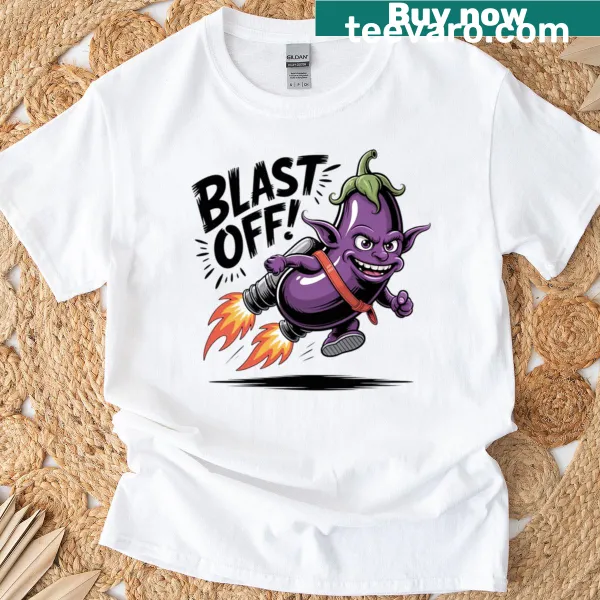 Cartoon rocket-powered eggplant graphic on a fun T-shirt