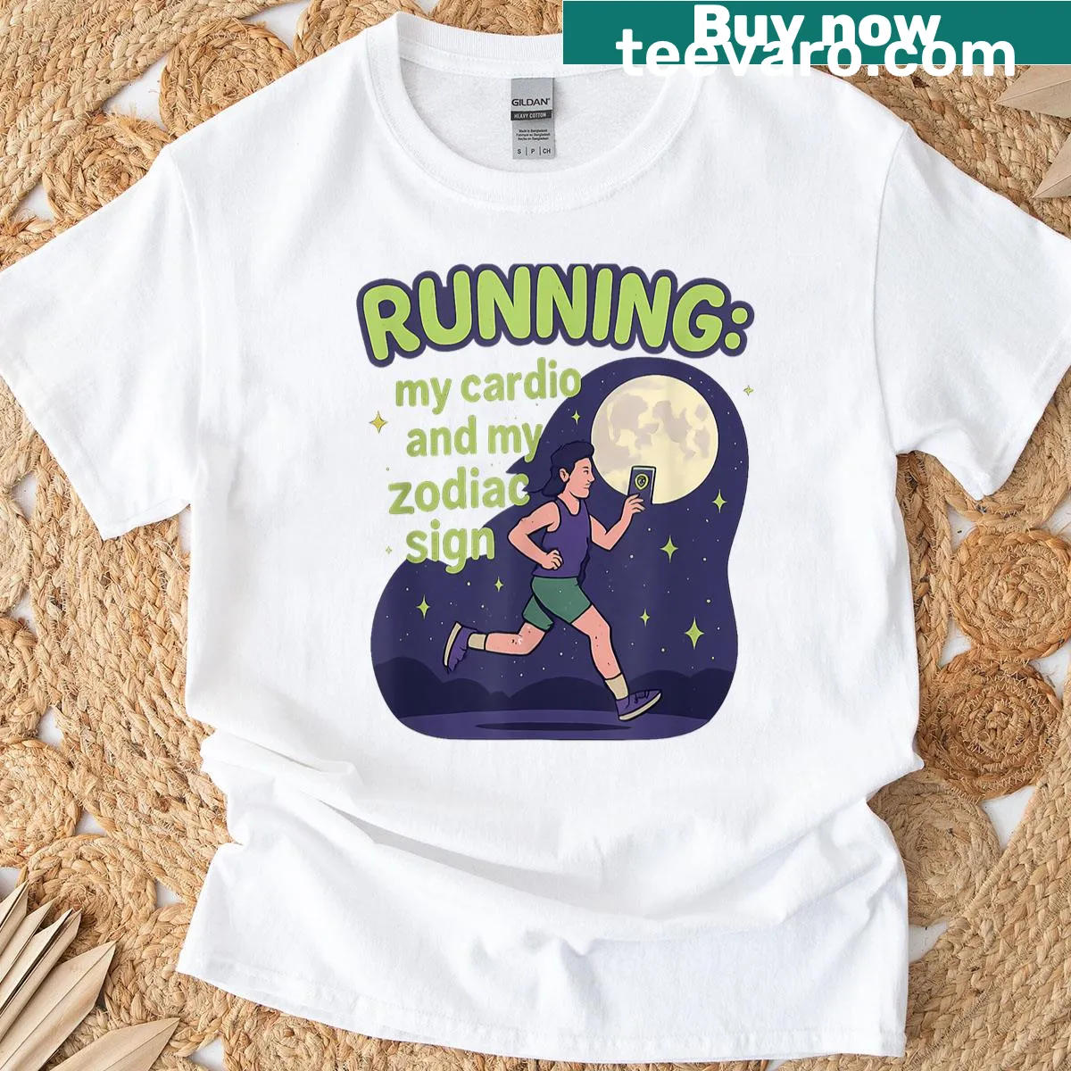 Graphic t-shirt blending running and zodiac sign themes — on a men's t-shirt