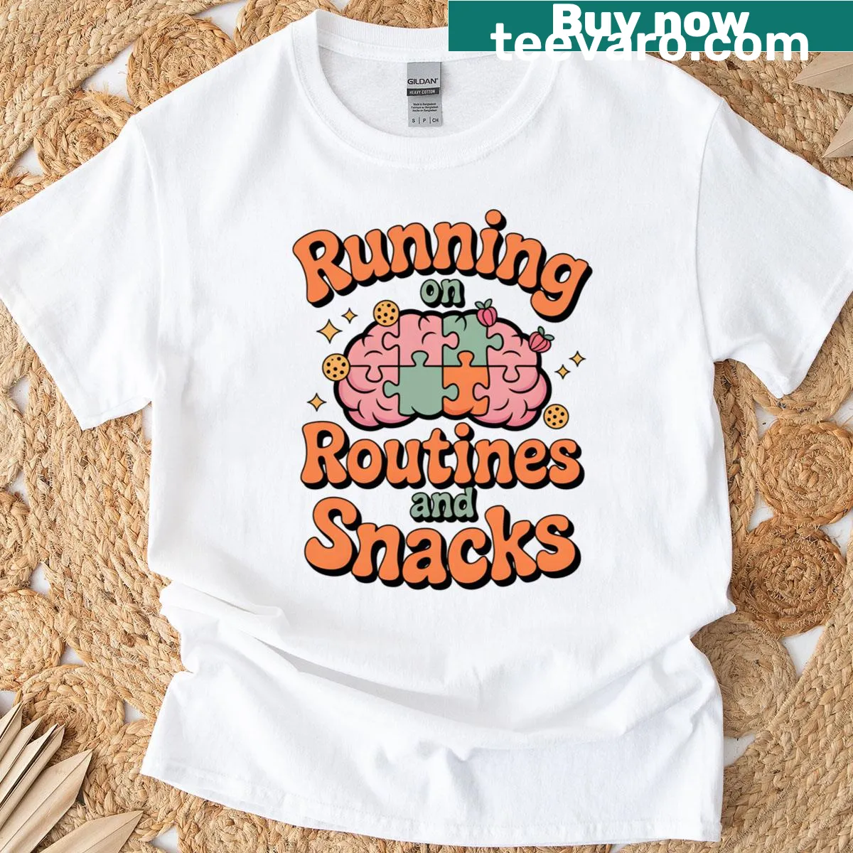 Funny text design highlighting autism routines and snacks — on a men's t-shirt