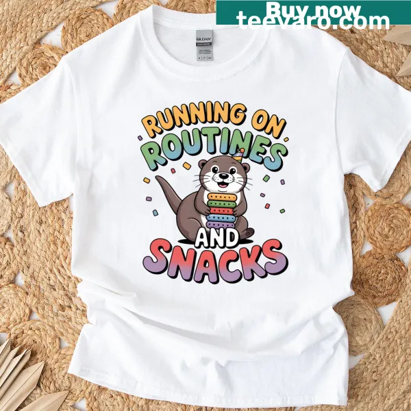 Funny otter graphic design about autism routines and snacks