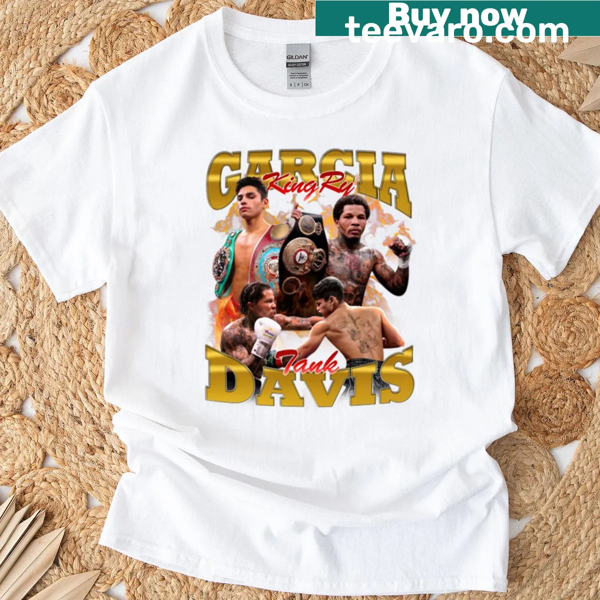 Bold graphic t-shirt featuring Ryan Garcia vs Tank Davis names — on a men's t-shirt