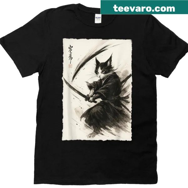 Ukiyo-e style graphic of a samurai cat on a tee