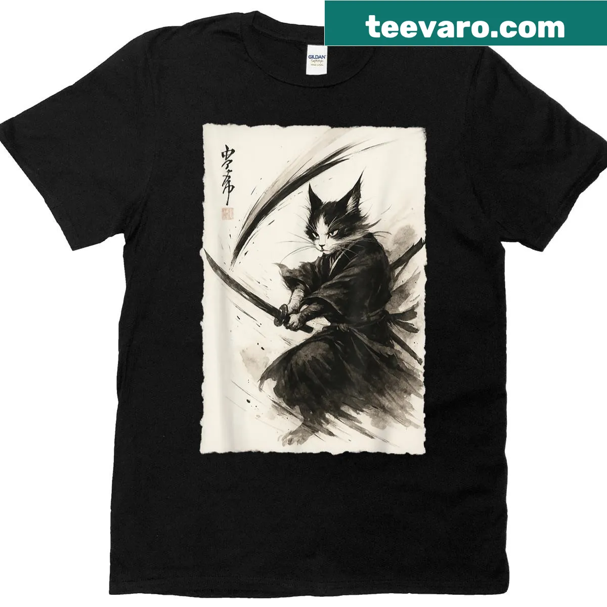 Ukiyo-e style graphic of a samurai cat on a tee — on a men's t-shirt
