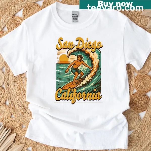Beach-themed t-shirt celebrating San Diego's surfing culture