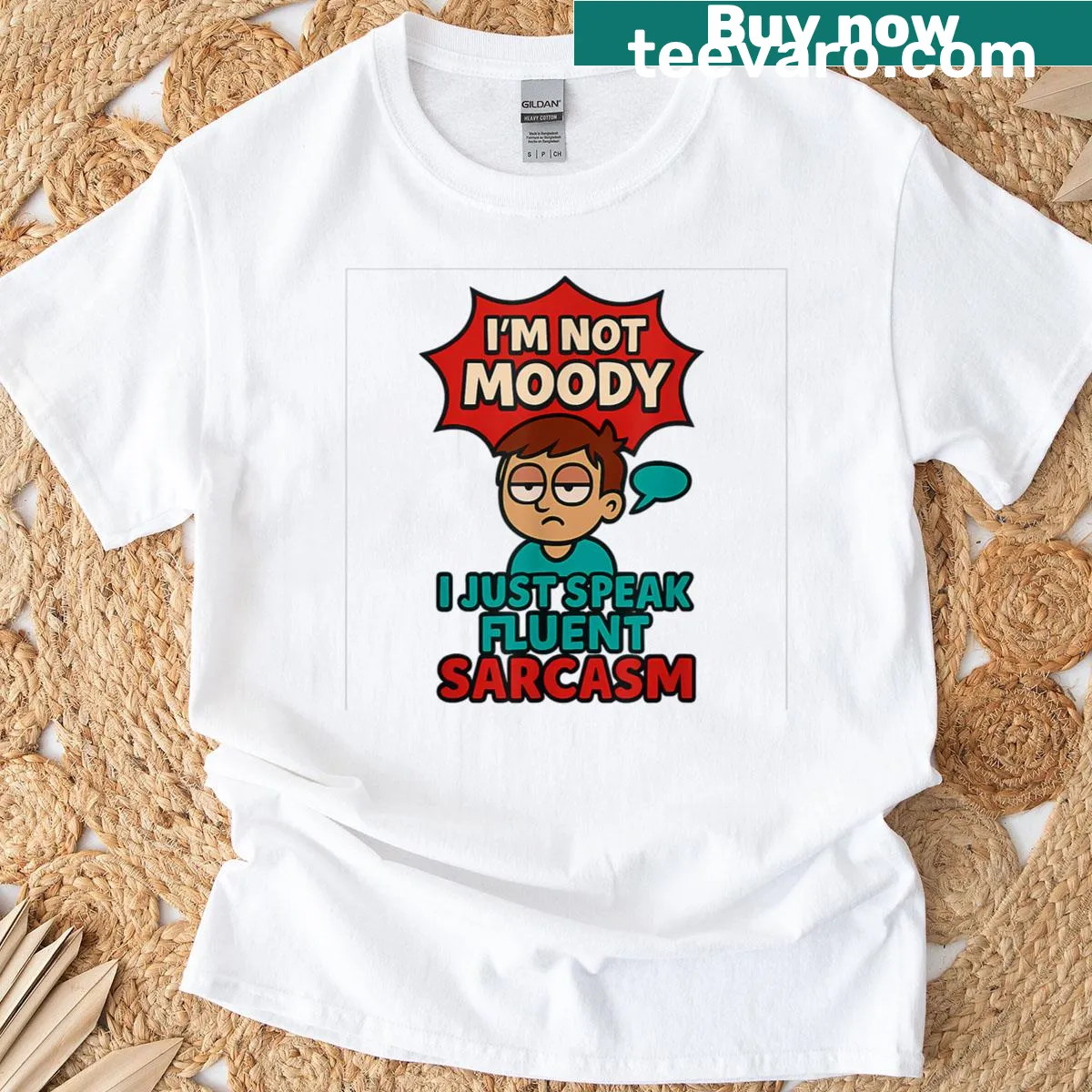Comic eye roll graphic with a sarcastic quote on a t-shirt — on a men's t-shirt