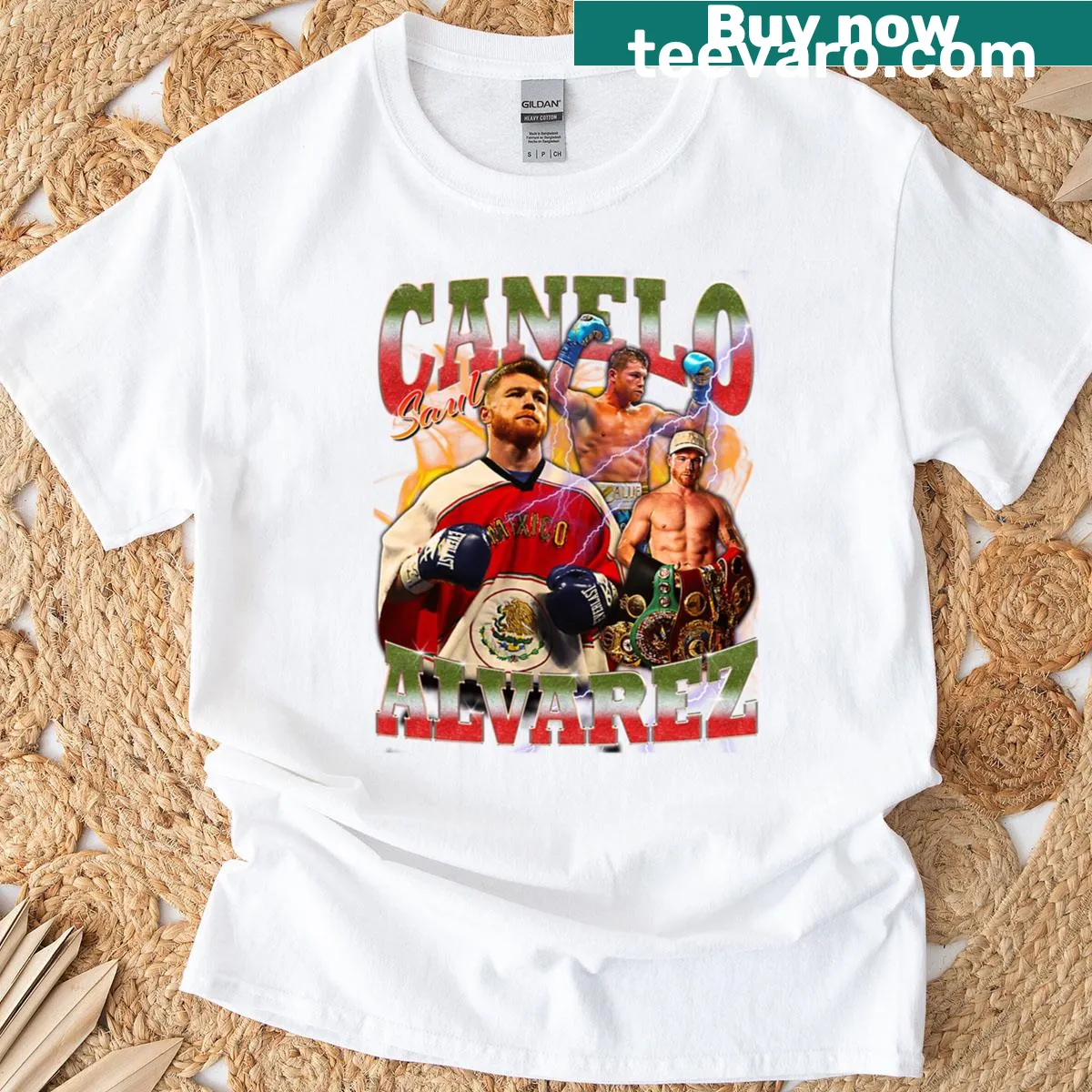 Graphic t-shirt celebrating Saul Canelo Alvarez with bold text — on a men's t-shirt