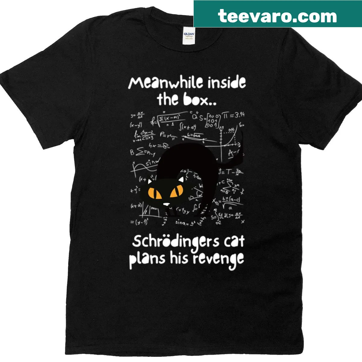 Witty T-shirt featuring 'Schrodinger's Cat Revenge' text — on a men's t-shirt