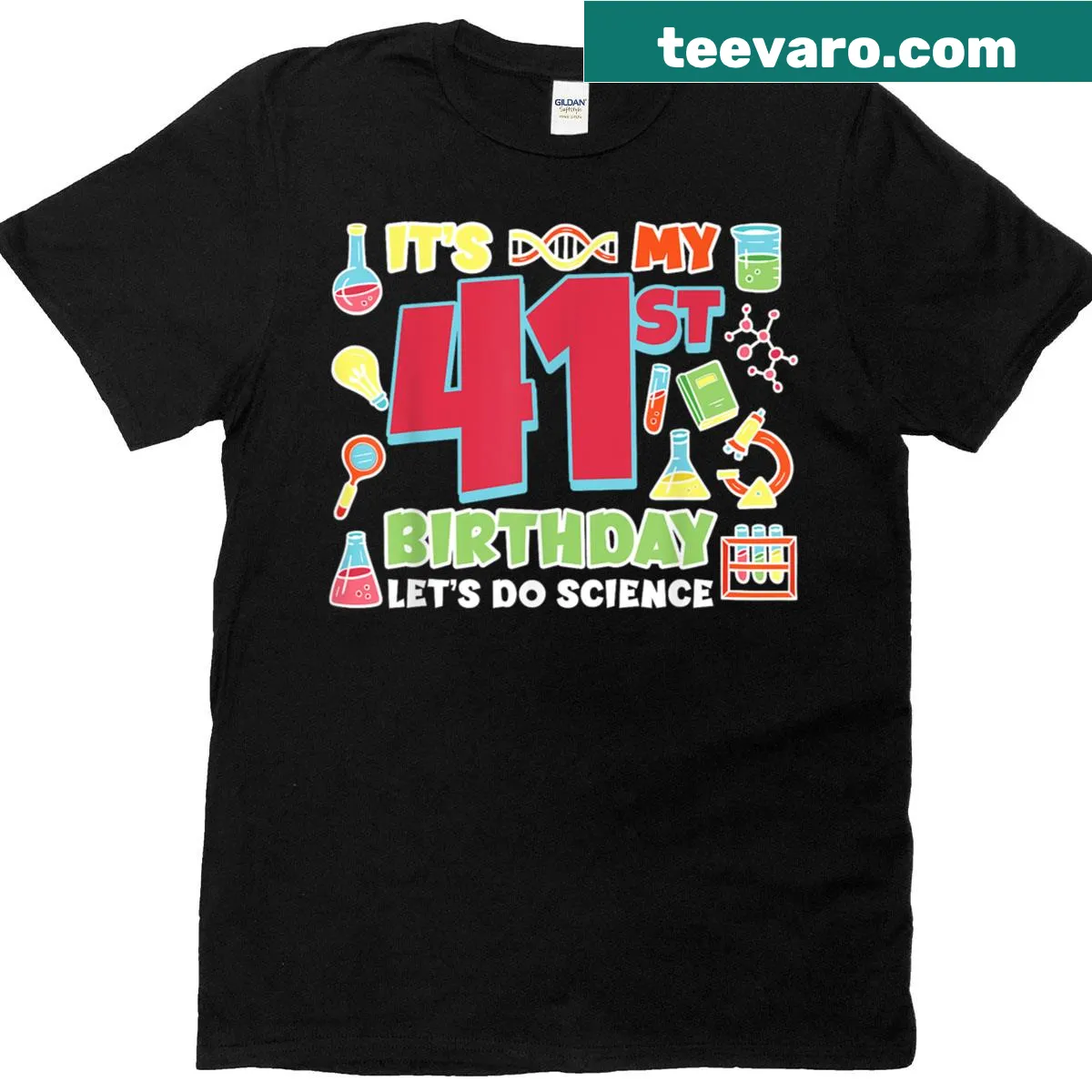 Fun birthday tee featuring science graphics like DNA and lab equipment — on a men's t-shirt