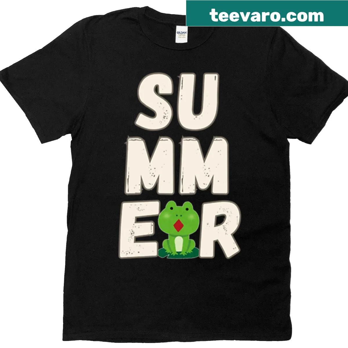 Cartoon summer T-shirt with a smiling frog and bold lettering — on a men's t-shirt