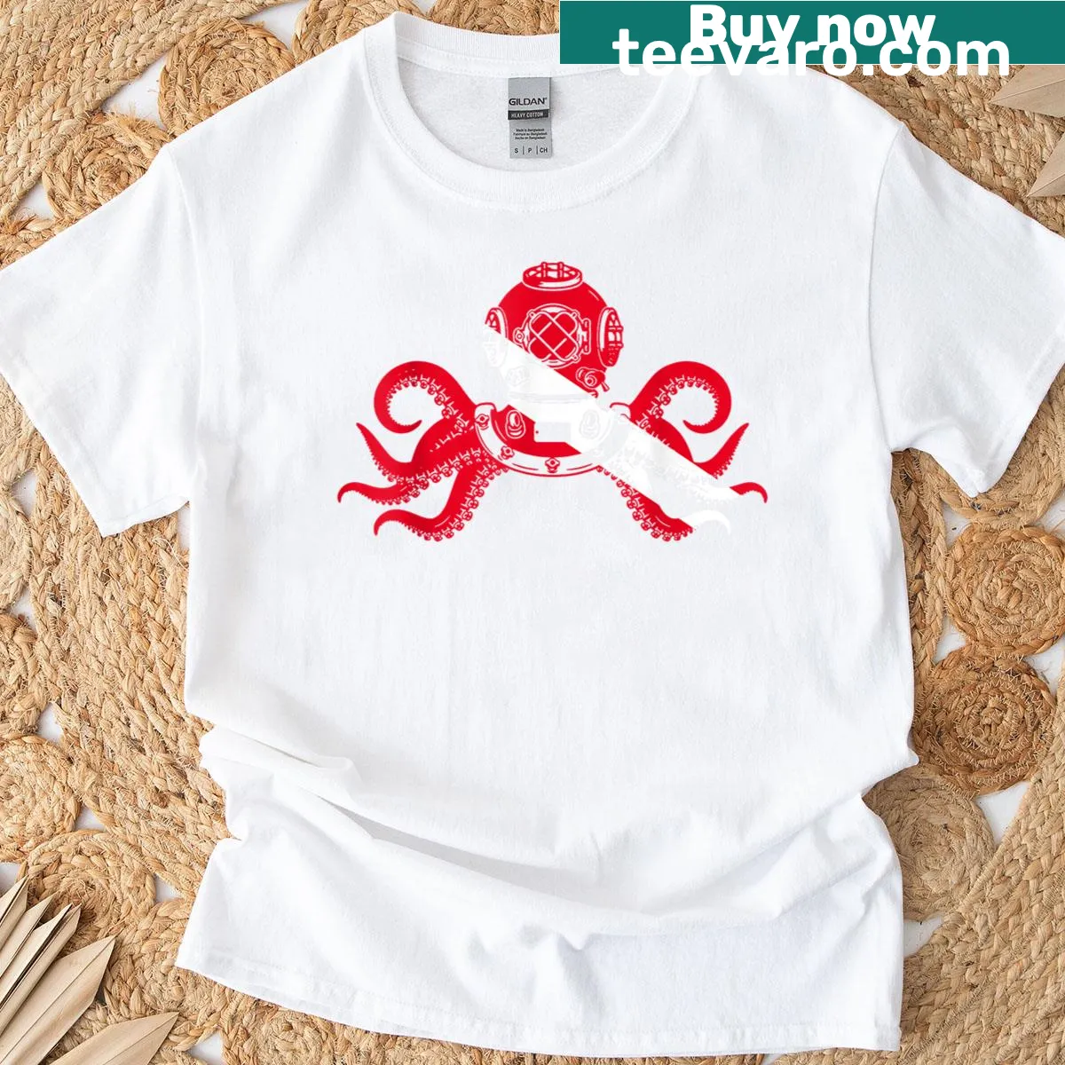 Funny cartoon T-shirt featuring a diver and octopus illustration — on a men's t-shirt