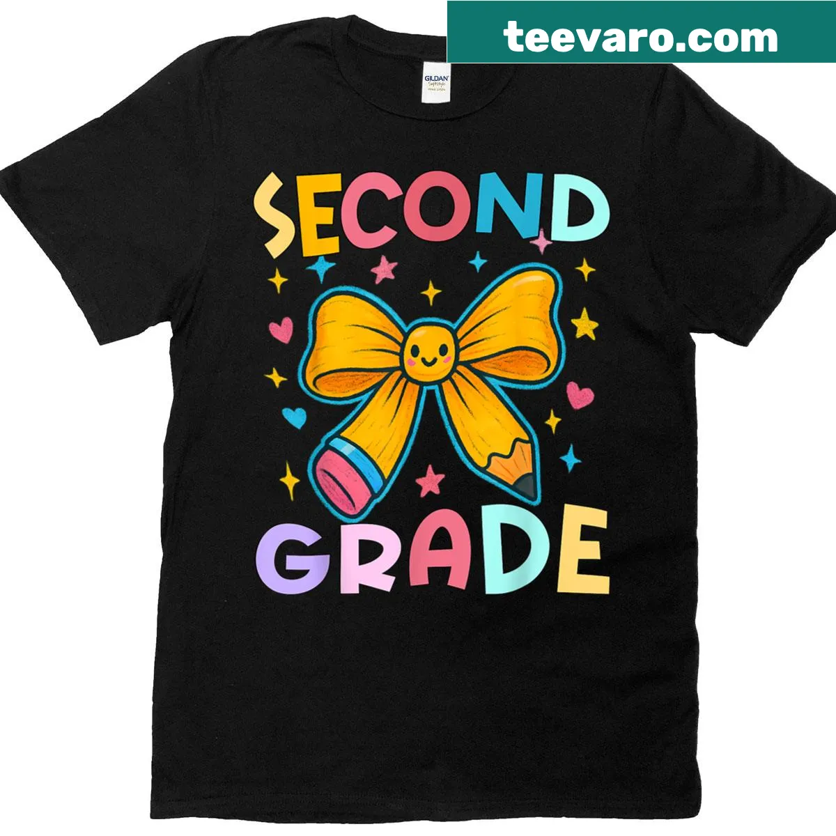 Illustrated pencil and rainbow bow design for second grade t-shirt — on a men's t-shirt