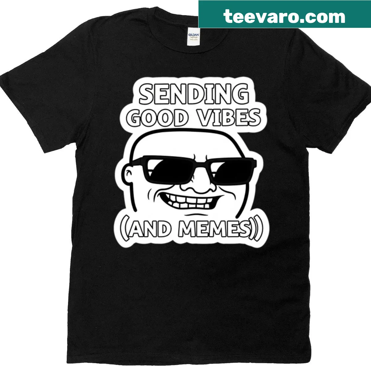 T-shirt featuring 'Sending Good Vibes And Memes' with playful graphics — on a men's t-shirt