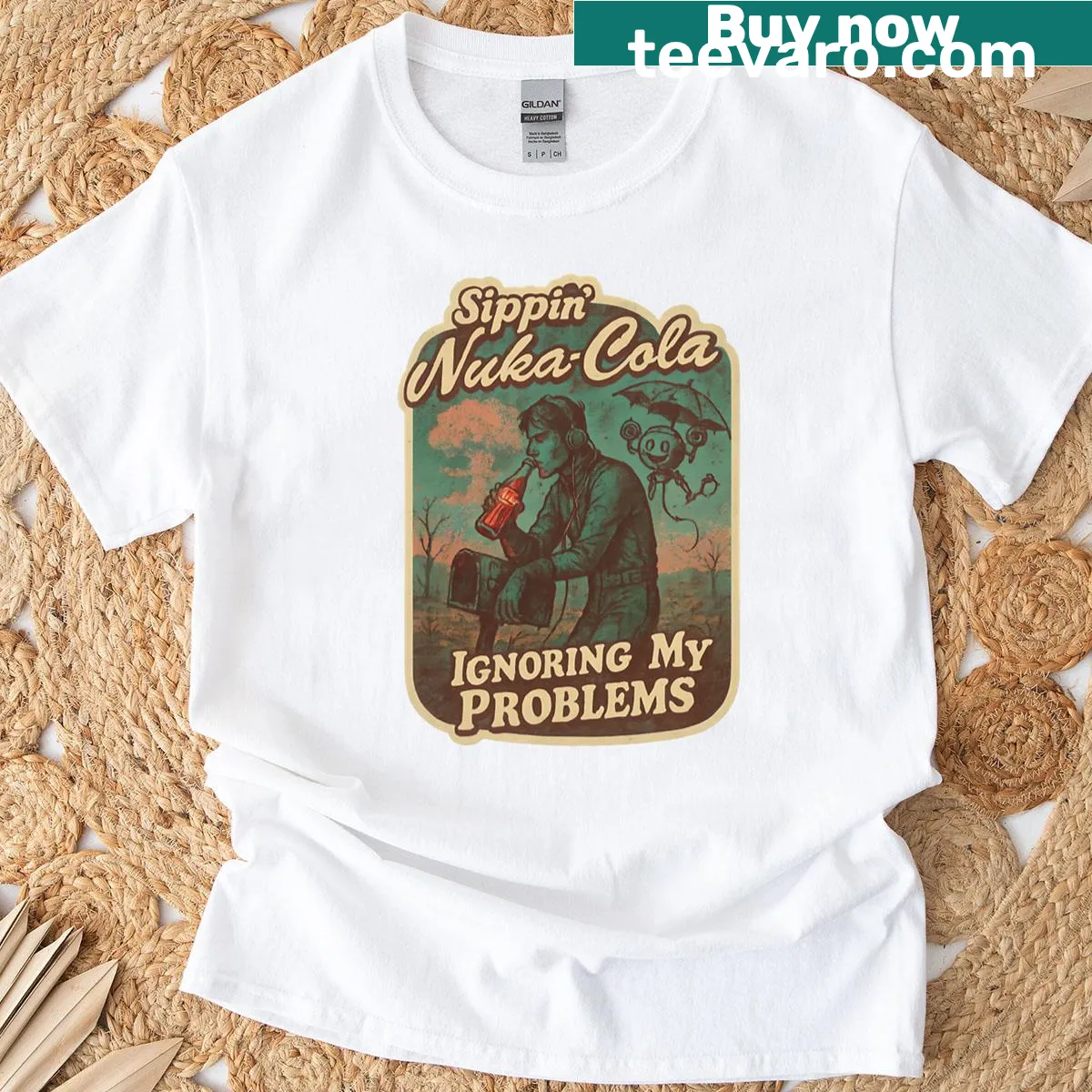 Vintage-style Nuka-Cola graphic on gaming-themed T-shirt — on a men's t-shirt
