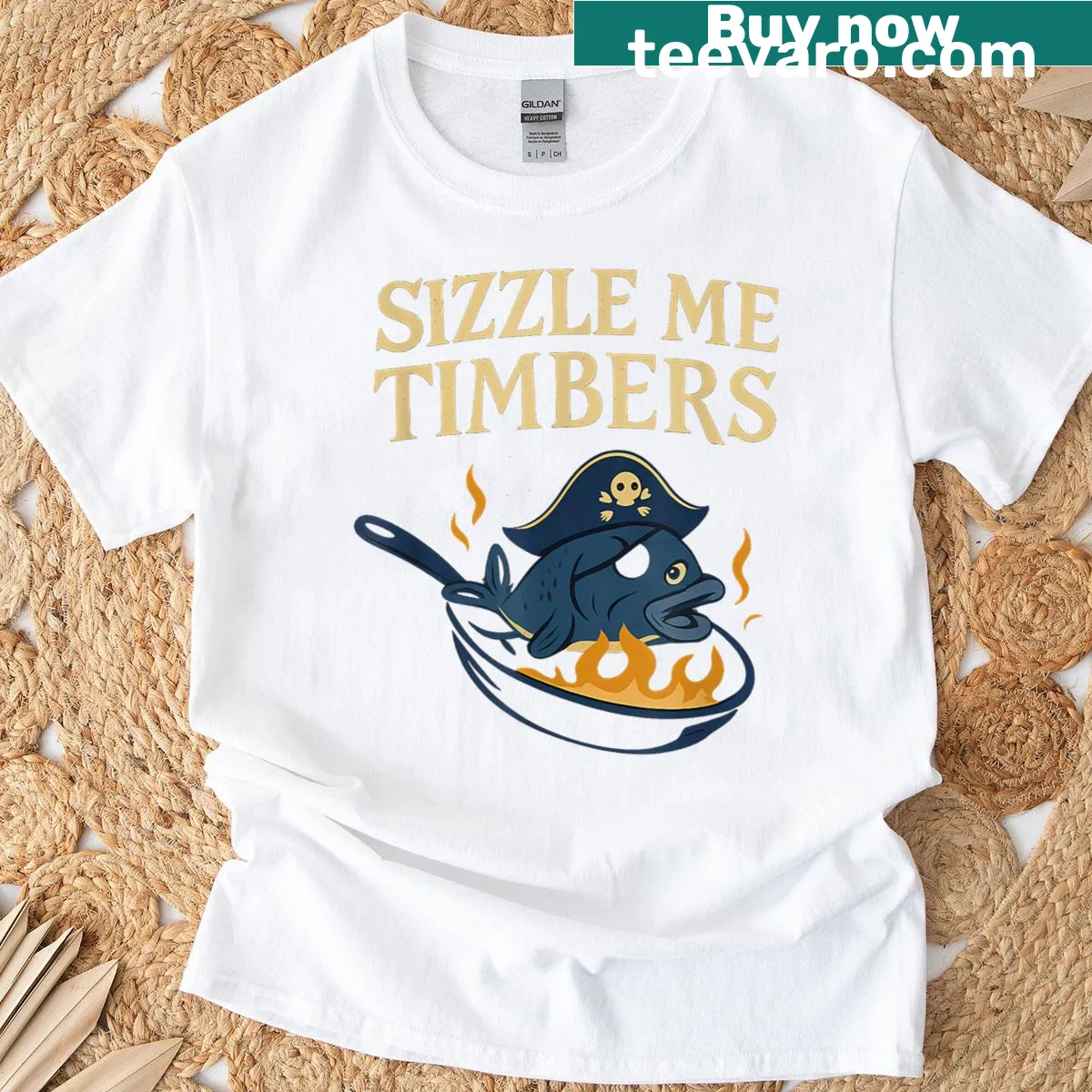 Funny T-shirt with pirate fish graphic and text — on a men's t-shirt