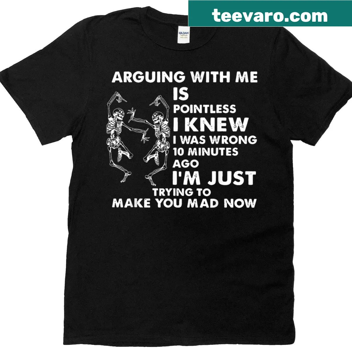 Skeleton graphic with humorous text about admitting wrongs. — on a men's t-shirt
