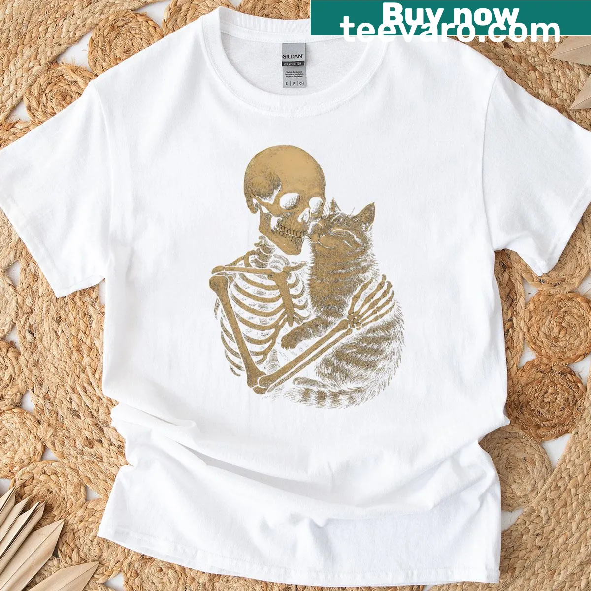 Skeleton hugging a cat Halloween-themed T-shirt design — on a men's t-shirt