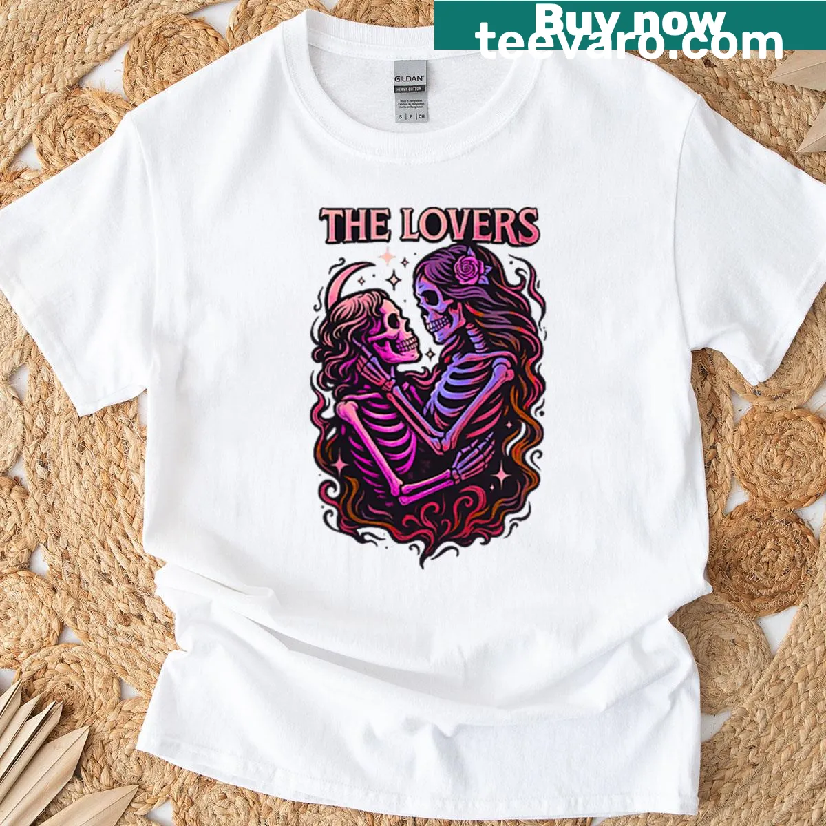 Gothic skeletons kissing design on LGBTQ+ themed T-shirt — on a men's t-shirt