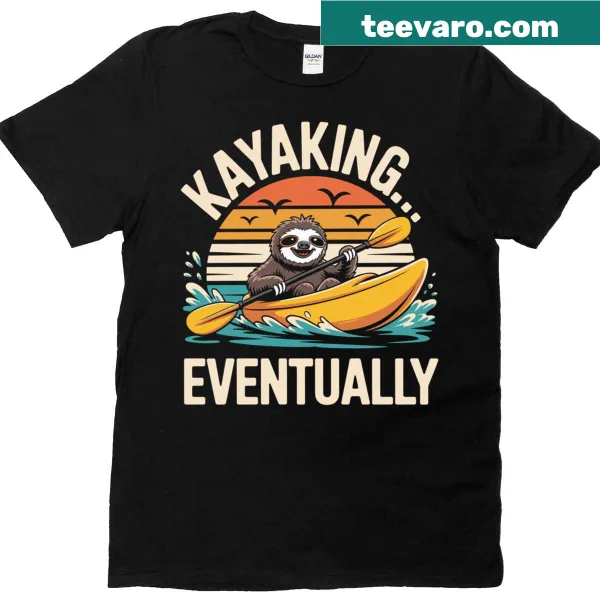 Funny sloth kayaking graphic design.