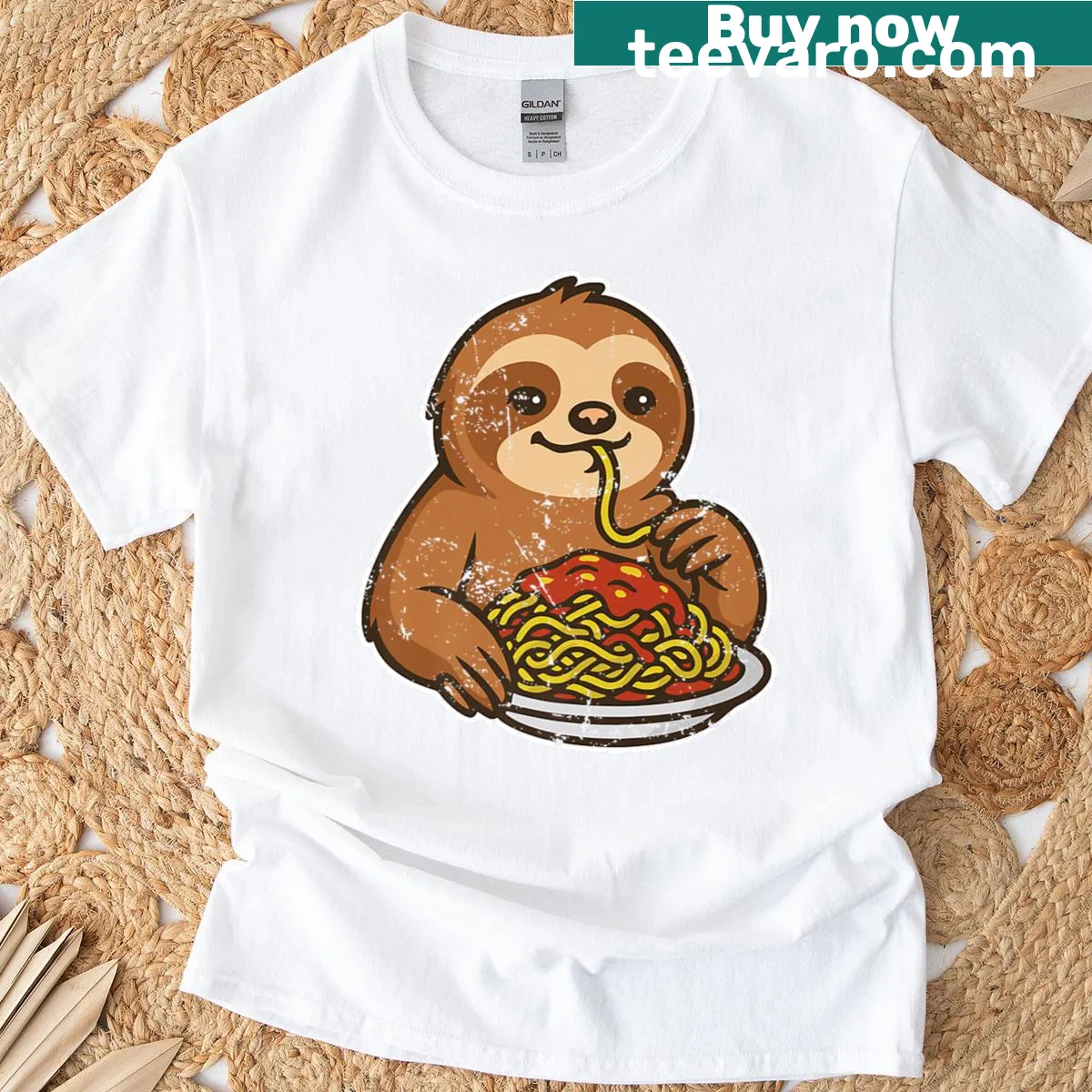 Cartoon sloth eating pasta on T-shirt design — on a men's t-shirt