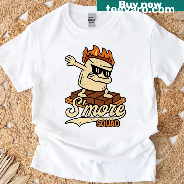 Cartoon marshmallow dabbing design on camping t-shirt