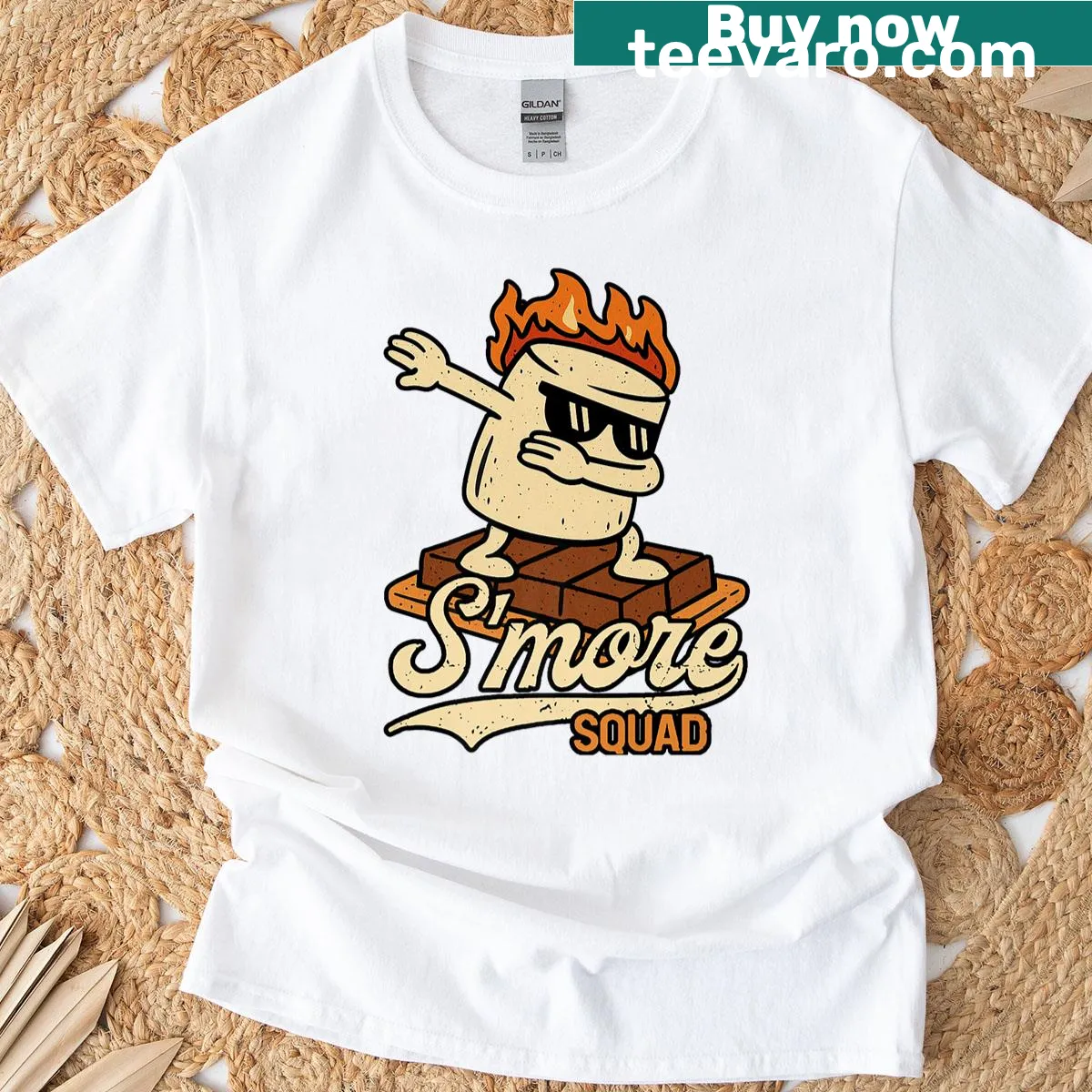 Cartoon marshmallow dabbing design on camping t-shirt — on a men's t-shirt