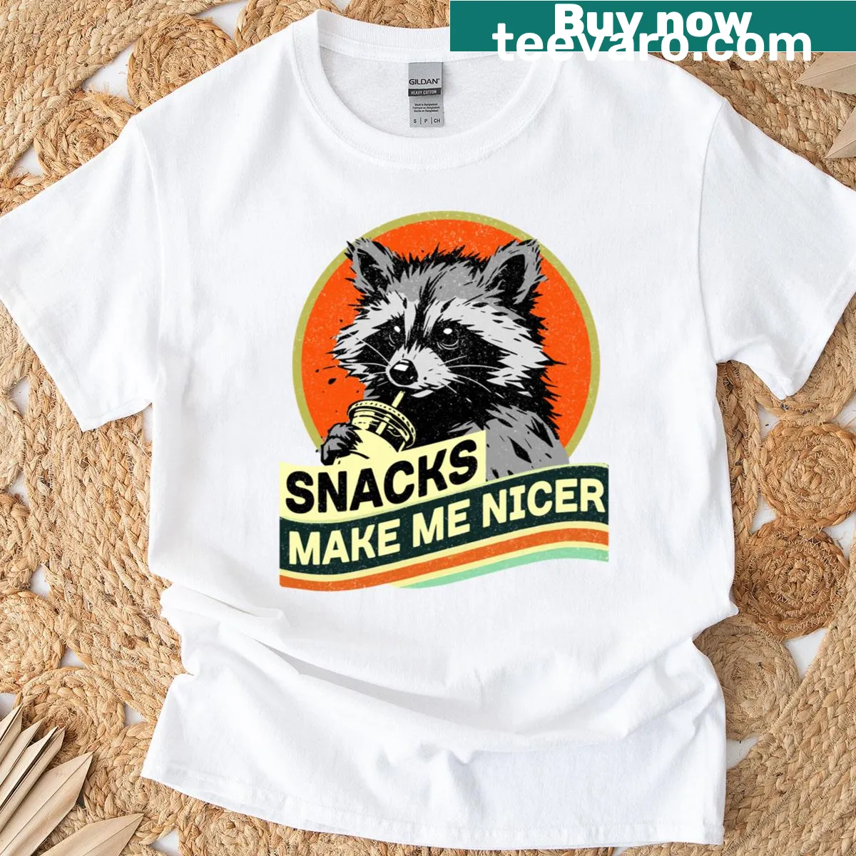 Funny raccoon t-shirt with snacks quote — on a men's t-shirt