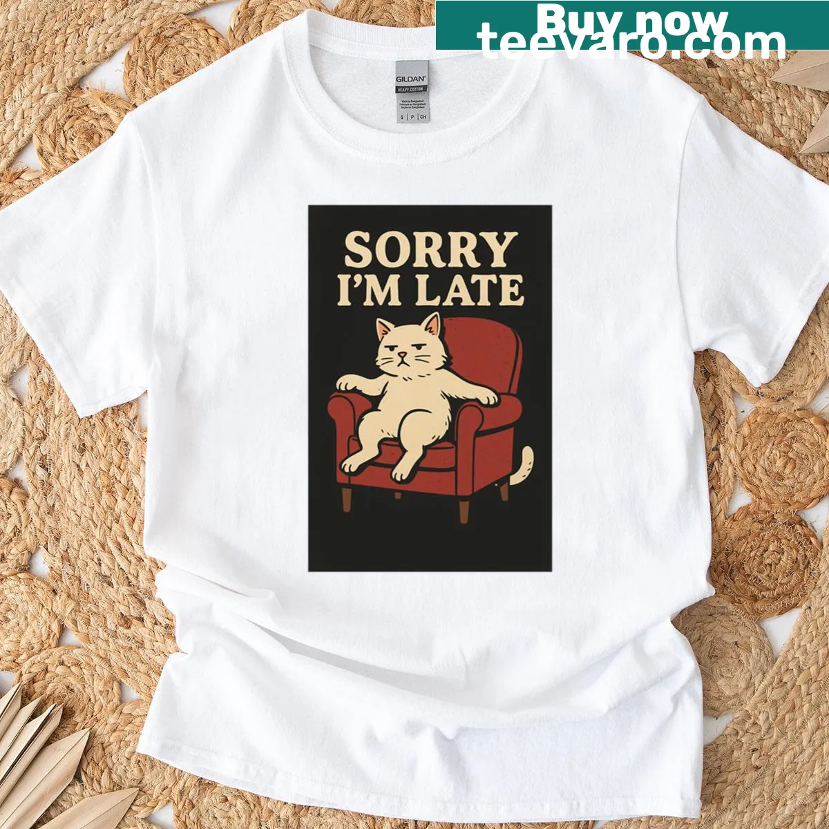 Retro cat t-shirt with humorous 'Sorry I'm Late' design — on a men's t-shirt
