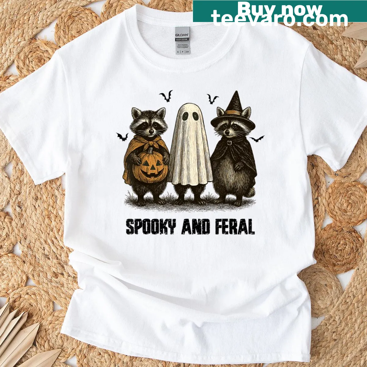 Funny raccoon ghost witch design for Halloween T-shirt — on a men's t-shirt