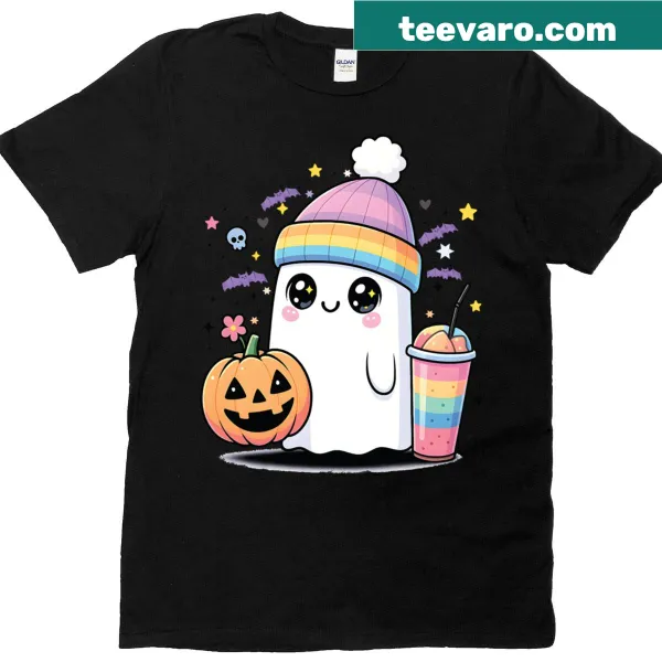 Cute ghost drinking pumpkin iced coffee with a bow on t-shirt