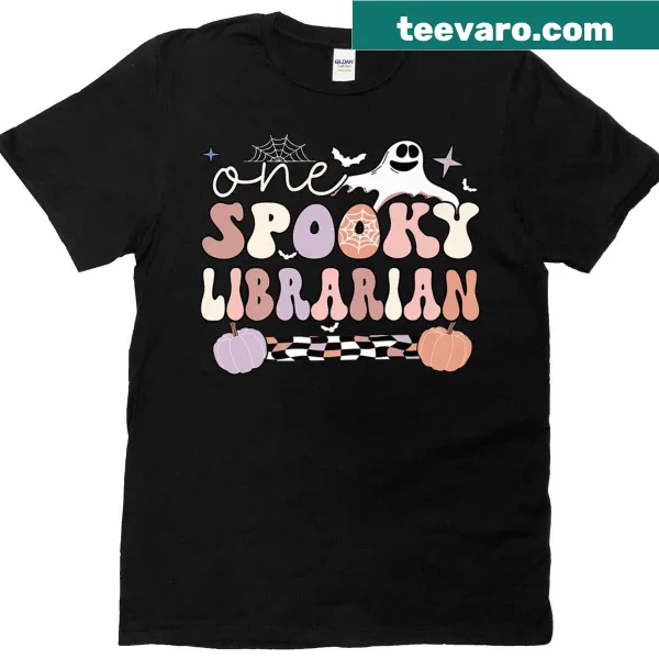 Spooky librarian surrounded by floating books on a t-shirt
