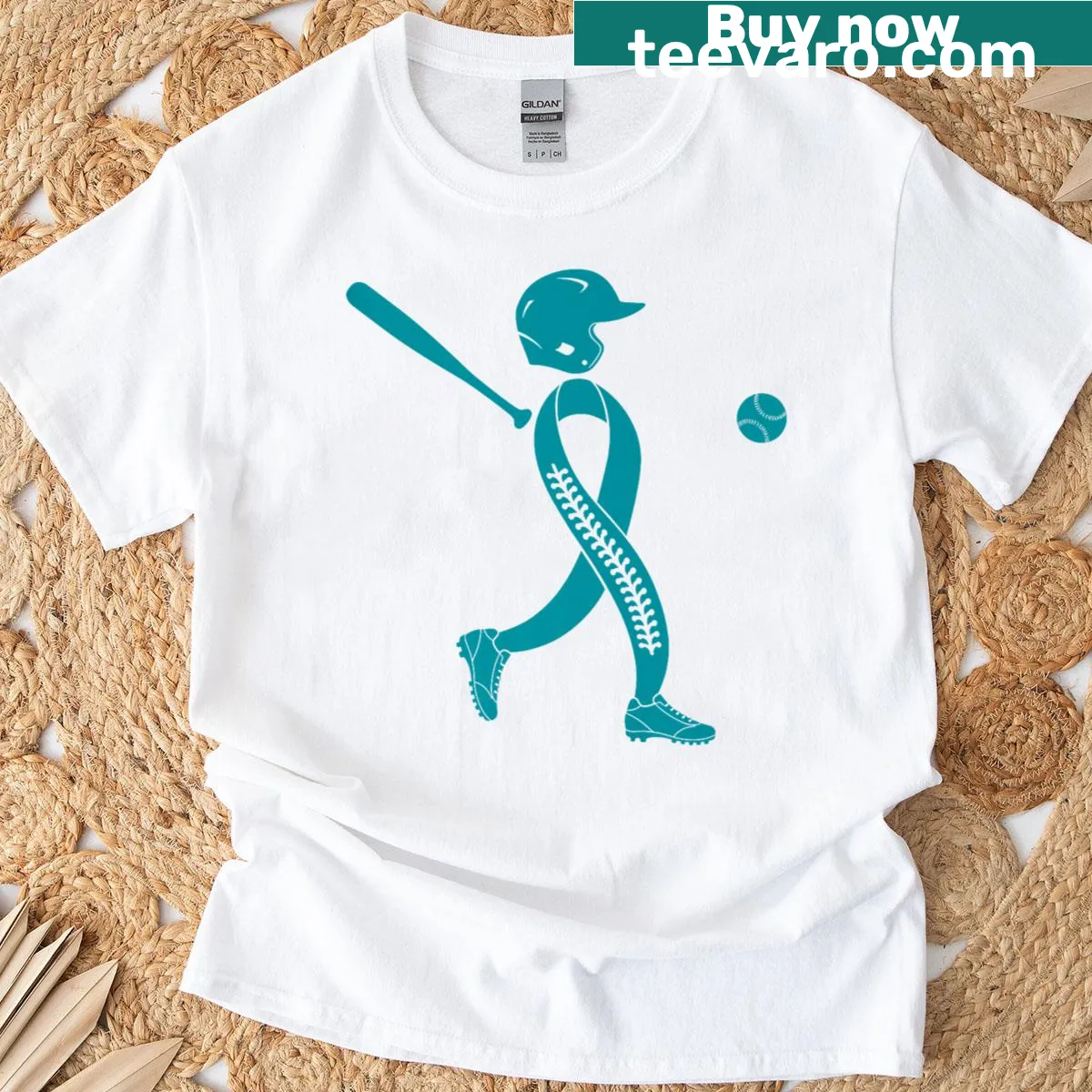 Teal ribbon graphic tee for ovarian cancer awareness with baseball theme. — on a men's t-shirt