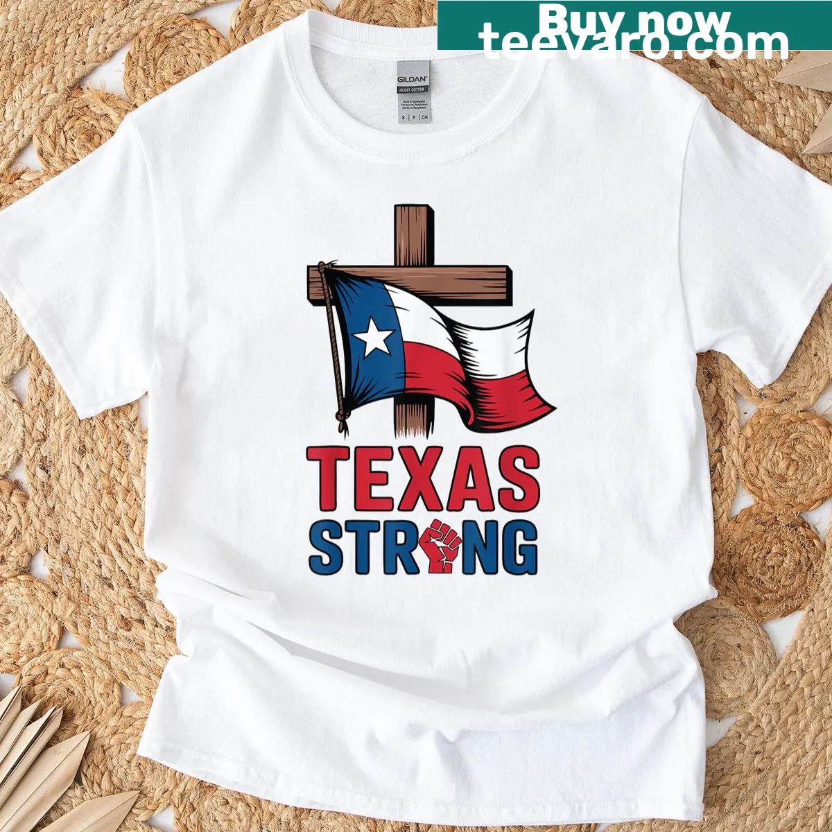 Texas flag and cross graphic representing faith and Texas pride. — on a men's t-shirt