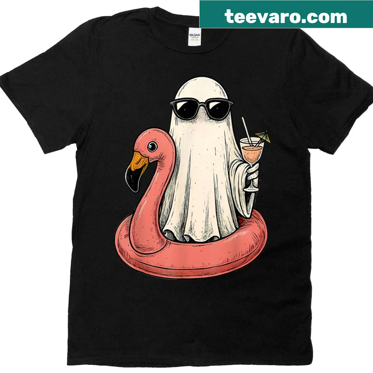 Ghost on a flamingo floatie graphic T-shirt for Halloween — on a men's t-shirt