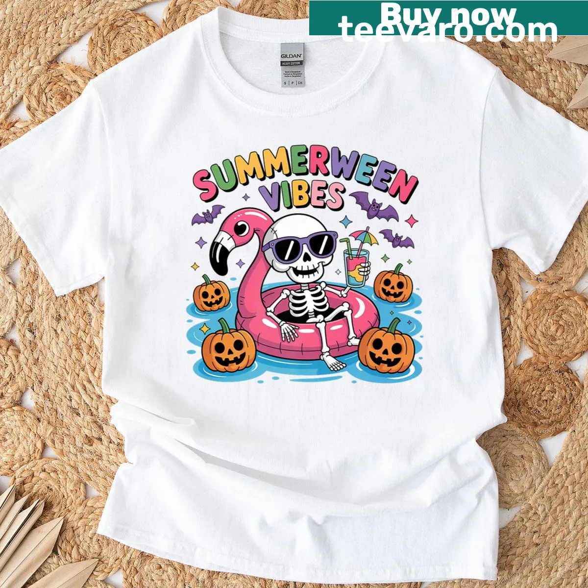 Playful skeleton graphic enjoying beach vibes for Summerween. — on a men's t-shirt