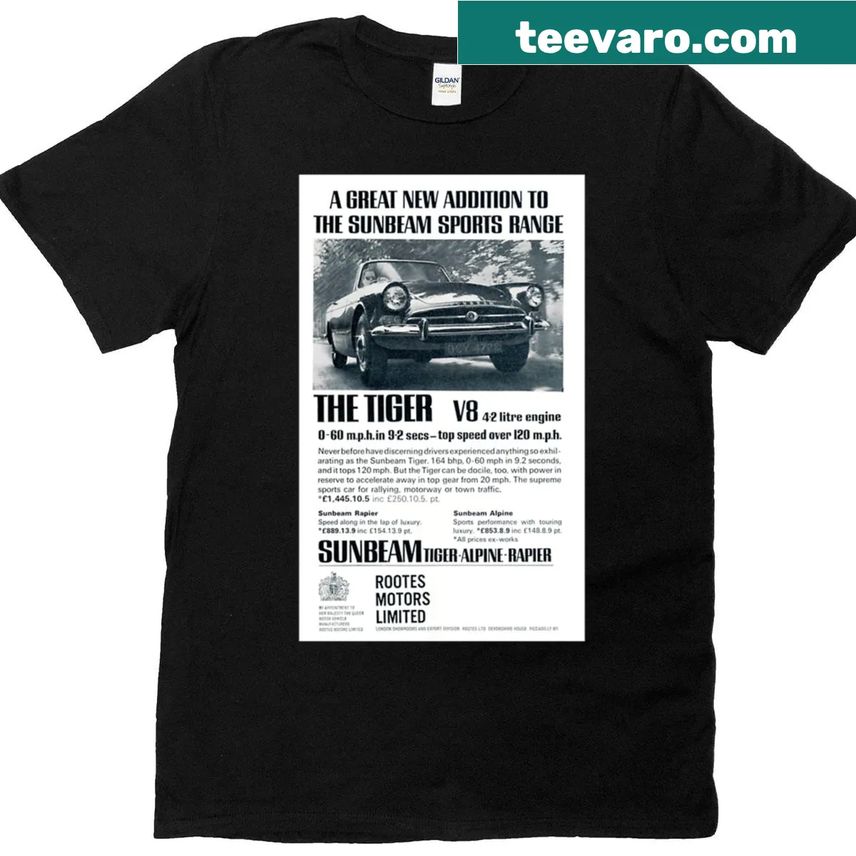 Vintage Sunbeam Tiger car advertisement on T-shirt — on a men's t-shirt