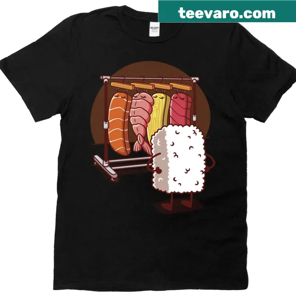 Illustration of various sushi types on a T-shirt