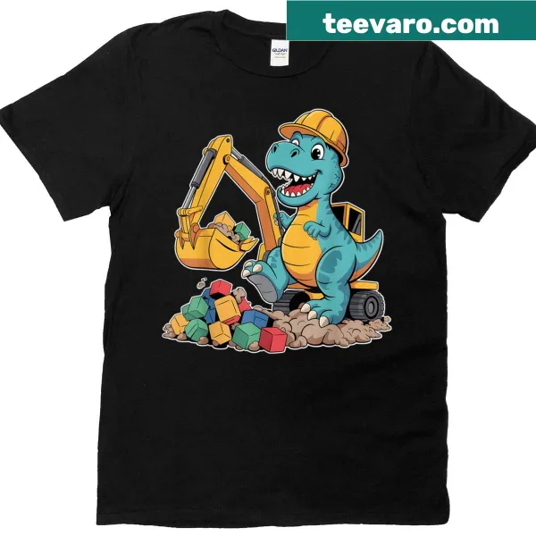 Funny T-shirt featuring a T-Rex construction worker with an excavator