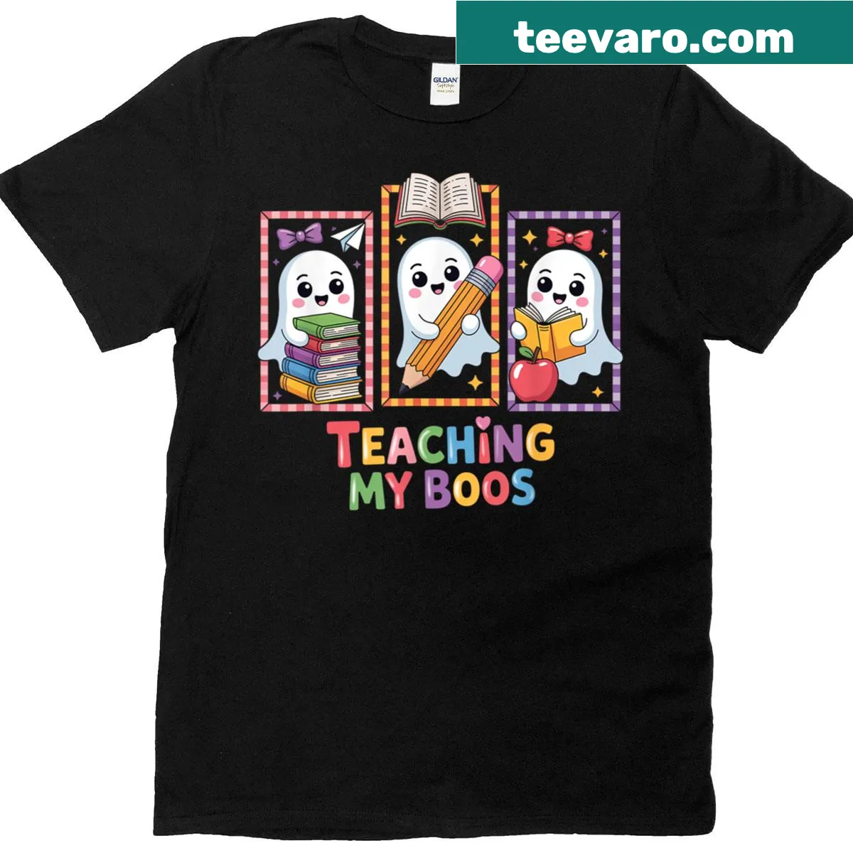 Cute ghost graphic T-shirt for teachers with 'Teaching My Boos' text — on a men's t-shirt