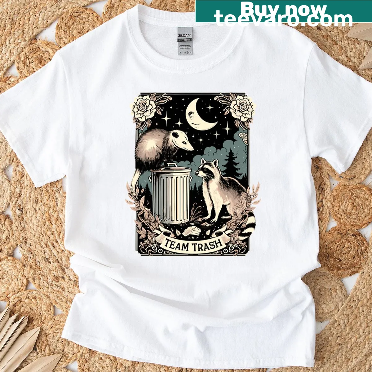 Whimsical T-shirt with opossum and raccoon tarot card illustration. — on a men's t-shirt